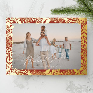 Christmas Gold Red Botanical Frame Merriest Photo Foil Holiday Card