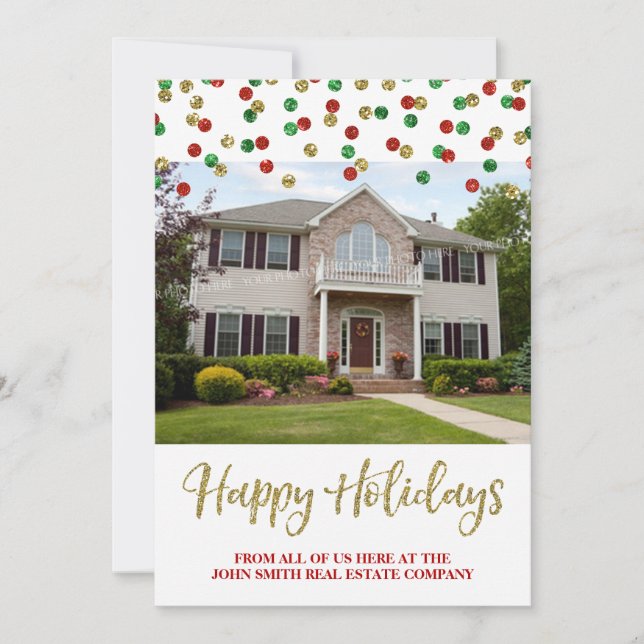 Christmas Gold Red Confetti Photo Card Real Estate (Front)