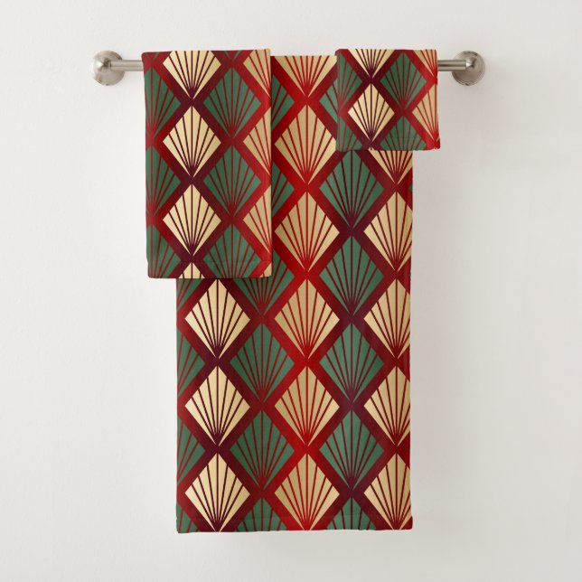Christmas Gold Red Green Art Deco Bath Towel Set (Insitu)