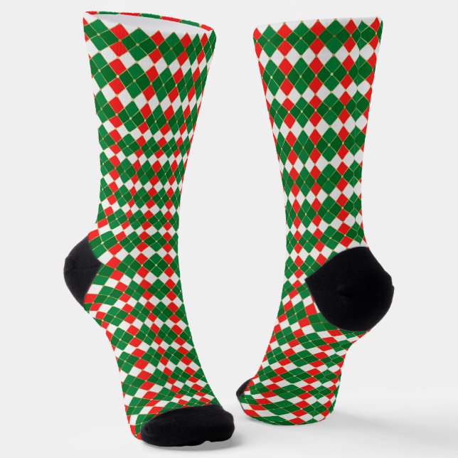 Christmas gold red green white argyle plaid socks (Angled)