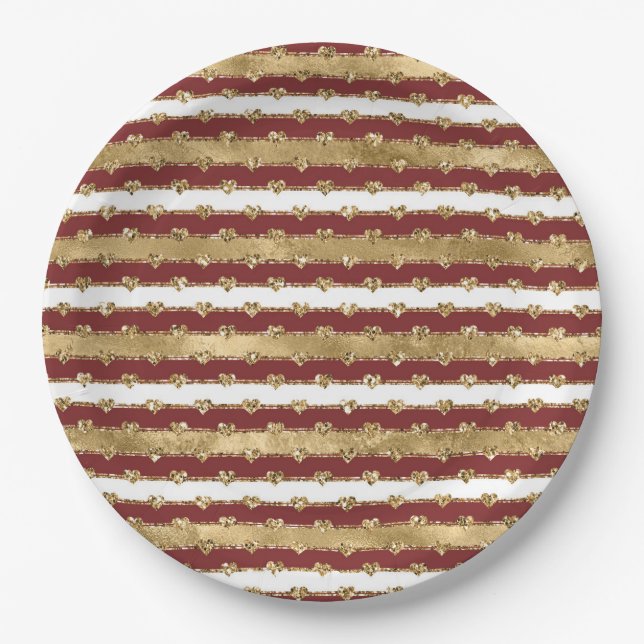 Christmas Gold Red White Stripes Glitter Hearts Paper Plate (Front)