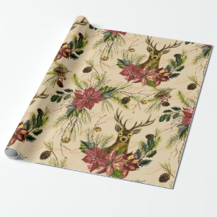 Christmas Gold Reindeer Poinsettia Pattern Wrapping Paper