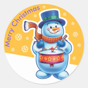 Christmas gold round sticker Snowman drummer.