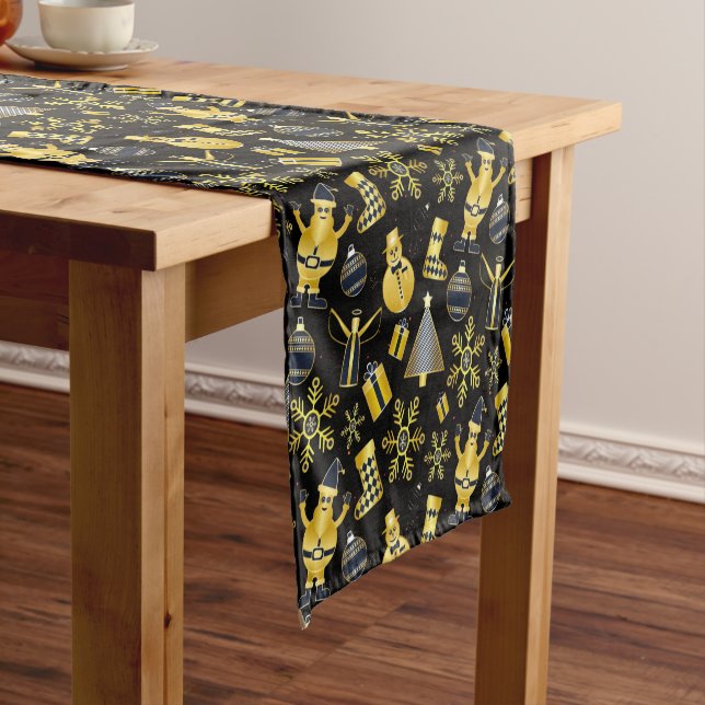 Christmas Gold Santa Snowman Stocking Pattern Short Table Runner (In Situ)