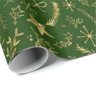 Christmas - Gold Shimmer Xmas Pattern - Green Wrapping Paper