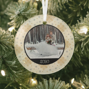 Christmas Gold Snowflake Photo & Year Keepsake Glass Tree Decoration