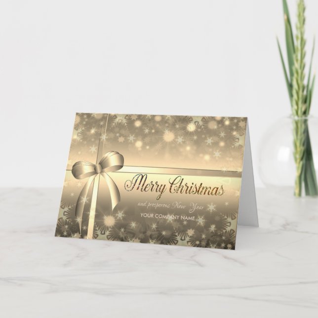 Christmas  Gold Snowflakes, Bow ,Company Greeting Holiday Card (Front)