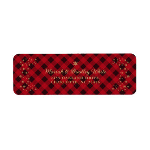 Christmas Gold Snowflakes Red Buffalo Plaid Return Address Label