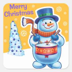 Christmas gold square sticker Snowman drummer.