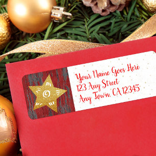Christmas gold star rustic country red wood script return address label