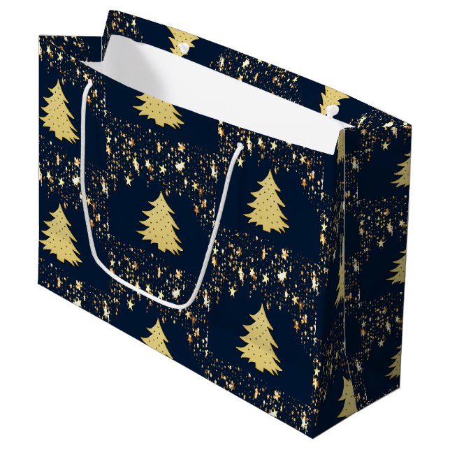 Christmas Gold Stars and Tree with Ornaments Large Gift Bag (Front Angled)