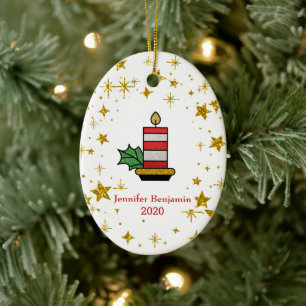 Christmas Gold Stars Candle Glitter Personalize Ceramic Ornament