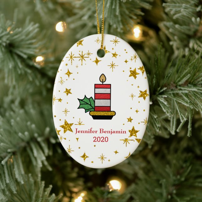 Christmas Gold Stars Candle Glitter Personalize Ceramic Ornament (Tree)