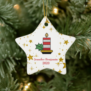 Christmas Gold Stars Candle Glitter Personalize Ceramic Ornament