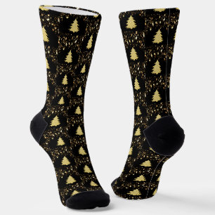 Christmas Gold Stars, Trees & Black Unisex Adult Socks