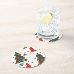 Christmas Gold Twinkle Starry Pines Round Paper Coaster