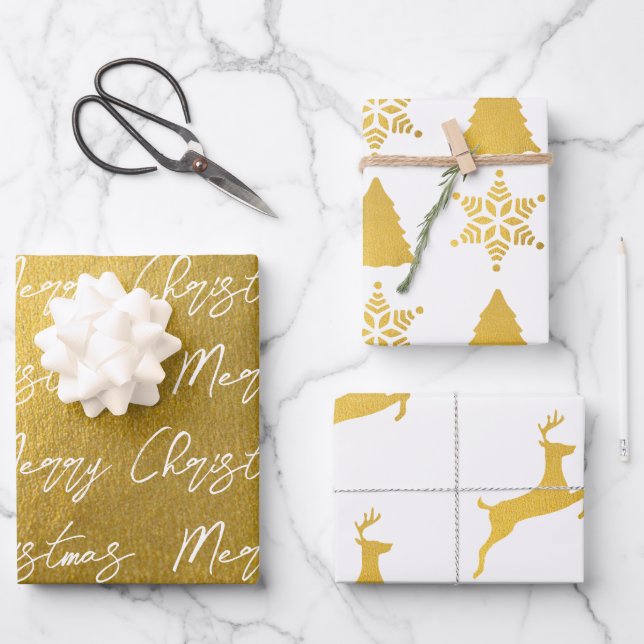 Christmas Gold & White Pattern Wrapping Paper Sheet (Front)