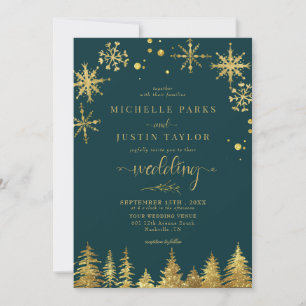 Christmas Gold Woodland Pine Trees Wedding Invitation