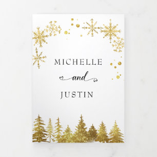 Christmas Gold  Woodland Pine Trees Wedding Tri-Fold Invitation