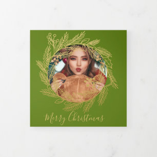 Christmas Gold Wreath Photo Personalised Christmas Tri-Fold Holiday Card