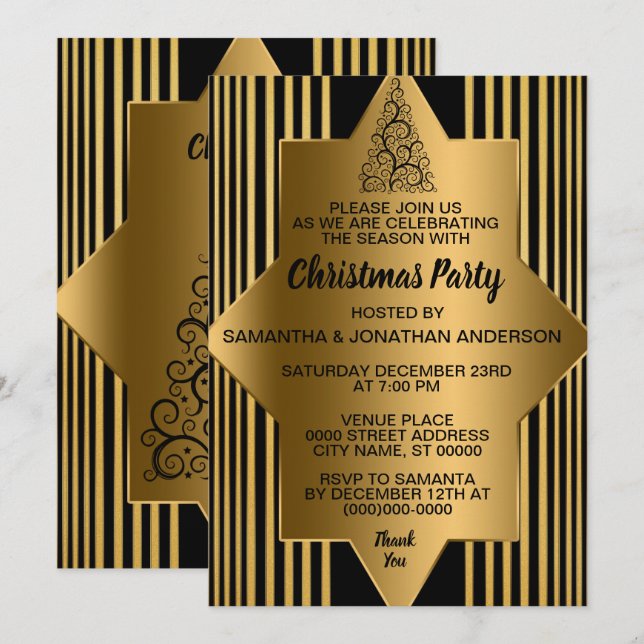 Christmas Golden Black Geometric Elegant Party Inv Invitation (Front/Back)