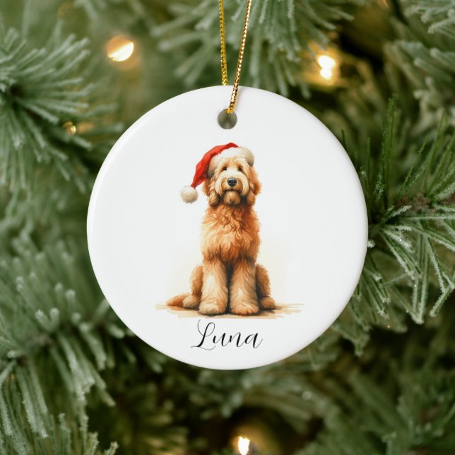 Christmas Golden Doodle Dog Santa Hat Ornament (Tree)