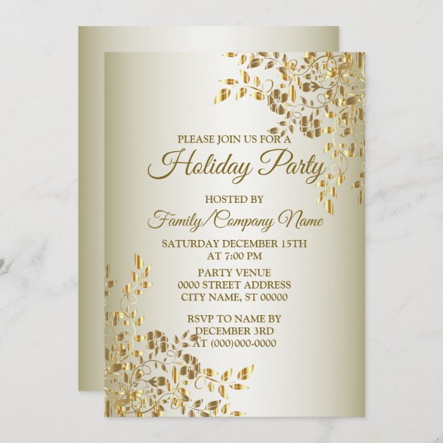 Christmas Golden Flowers Holidays Party Invitation (Front/Back)