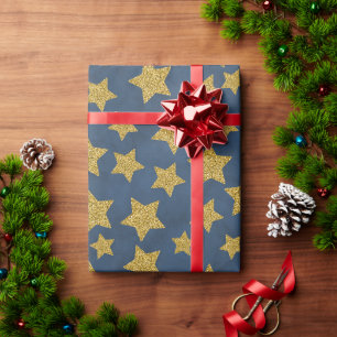 Christmas Golden Glitter Star on Watercolor Blue Wrapping Paper