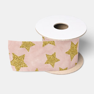 Christmas Golden Glitter Star on Watercolor Pink Satin Ribbon