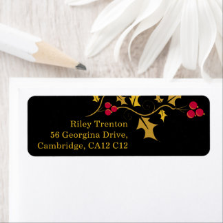 Christmas golden holly red berries black graphic return address label