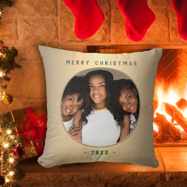 Christmas Golden Metallic Family Round Photo Cushion (Creator Uploaded)
