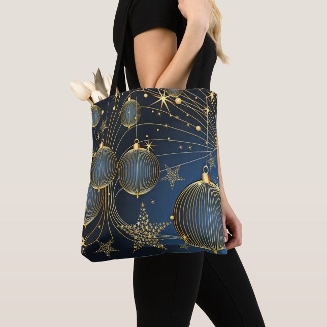 Christmas Golden Ornaments Navy Blue Holidays Tote Bag (Close Up)