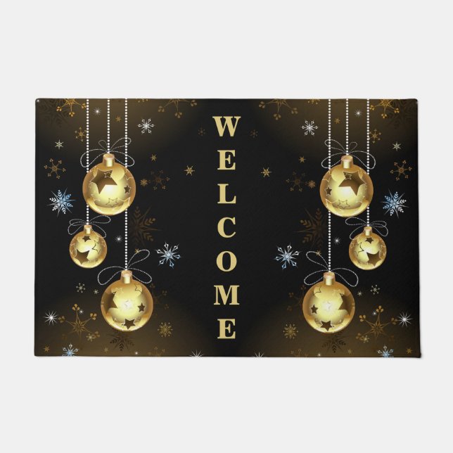 Christmas Golden Ornaments Shiny Stars Black Doormat (Front)