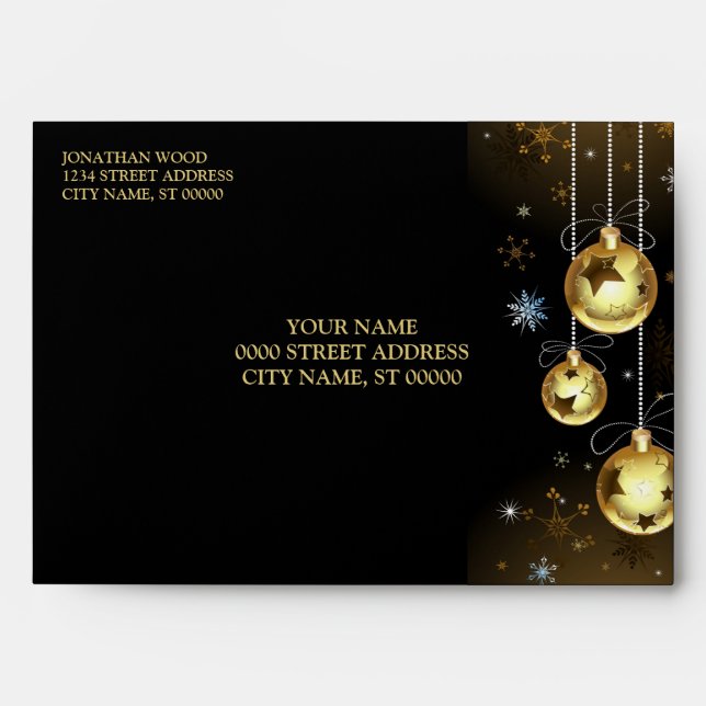 Christmas Golden Ornaments Shiny Stars Black Envelope (Front)