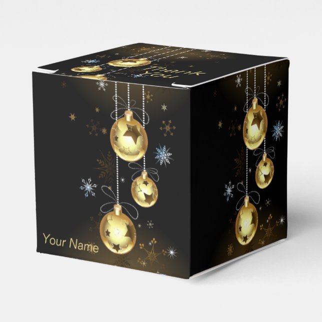 Christmas Golden Ornaments Shiny Stars Black Favour Box (Front Side)