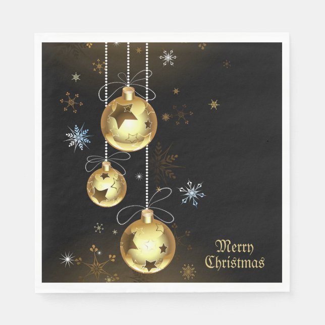 Christmas Golden Ornaments Shiny Stars Black Napkin (Front)