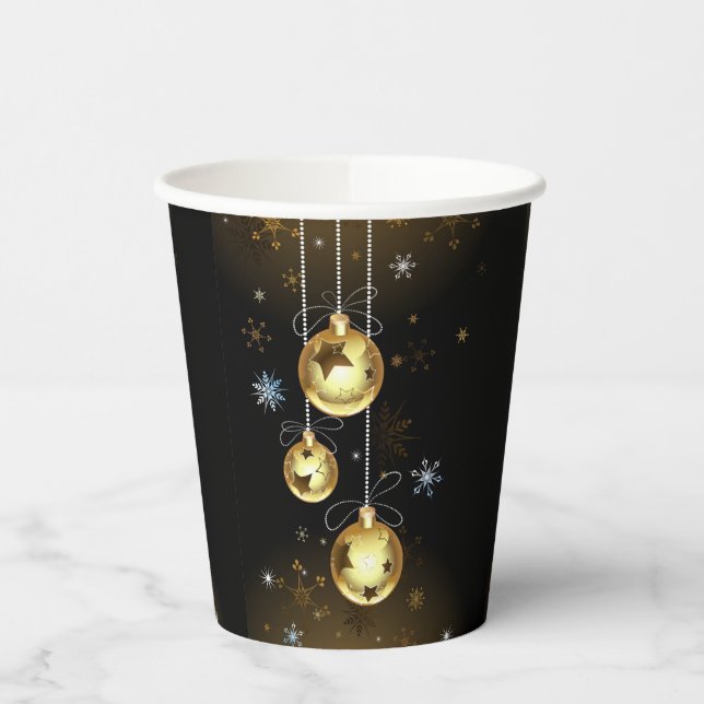 Christmas Golden Ornaments Shiny Stars Black Paper Cups (Left)