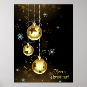 Christmas Golden Ornaments Shiny Stars Black Poster