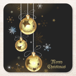 Christmas Golden Ornaments Shiny Stars Black Square Paper Coaster