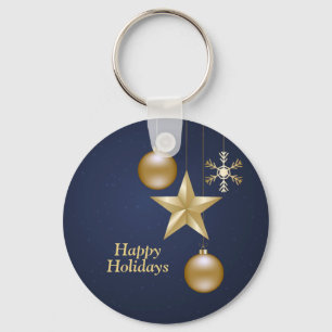 Christmas Golden Ornaments Stars Navy Blue Elegant Key Ring