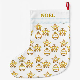 Christmas Golden Pattern on White Large Christmas Stocking