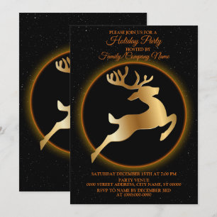 Christmas Golden Reindeer Black Holidays Party Invitation