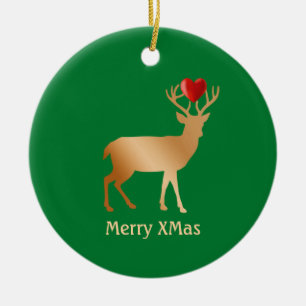 Christmas golden reindeer on green ceramic ornament