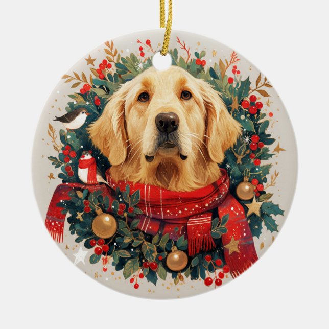 Christmas Golden Retreiver Dog Ceramic Ornament (Front)