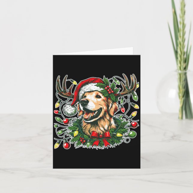 Christmas Golden Retriever Antlers Santa Hat Long  Card (Front)