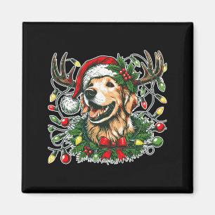 Christmas Golden Retriever Antlers Santa Hat Long Magnet