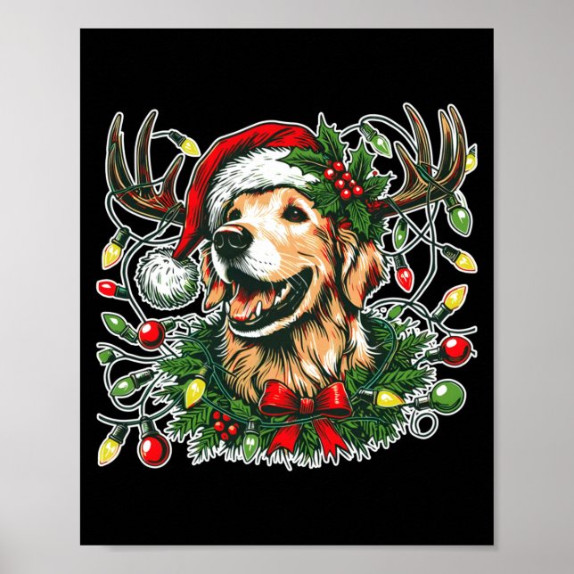 Christmas Golden Retriever Antlers Santa Hat Long  Poster (Front)