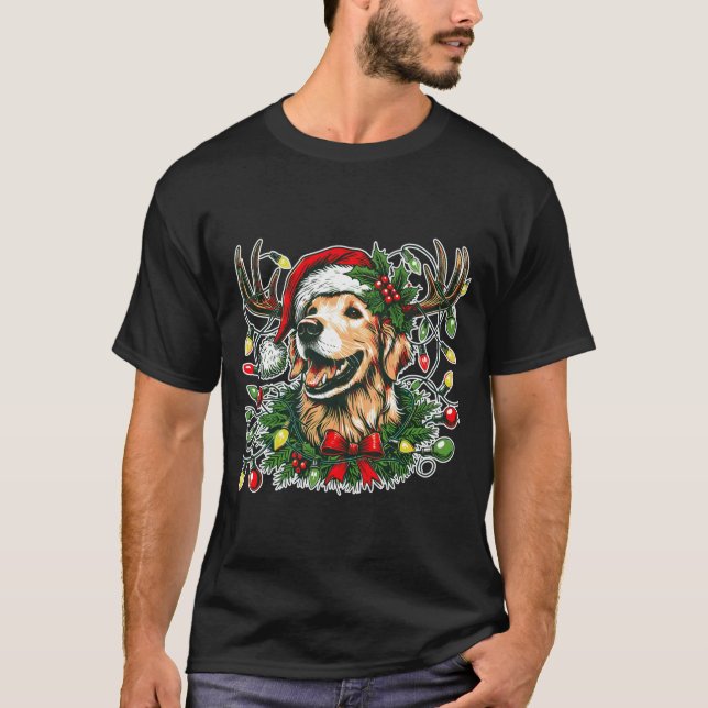 Christmas Golden Retriever Antlers Santa Hat Long  T-Shirt (Front)