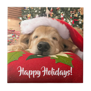 Christmas Golden Retriever Dog Asleep Under Tree Ceramic Tile