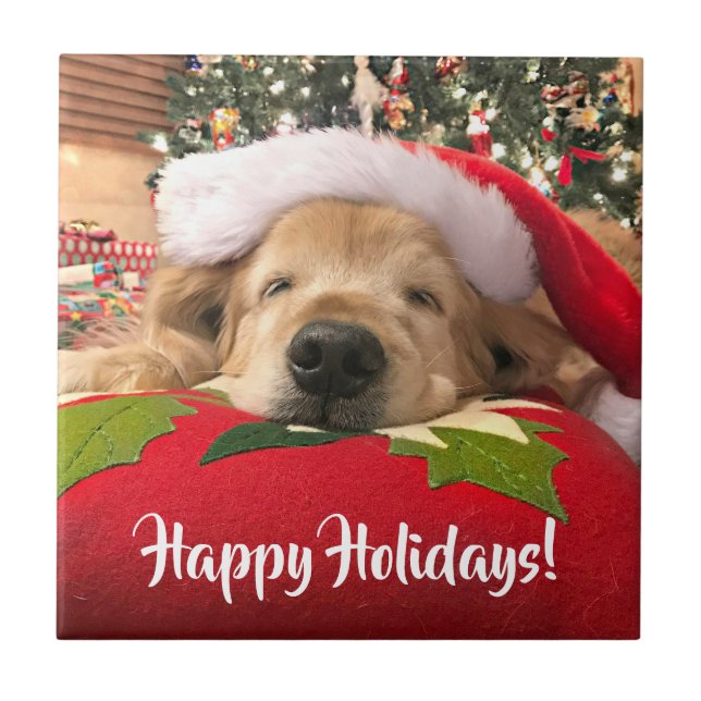 Christmas Golden Retriever Dog Asleep Under Tree Ceramic Tile (Front)